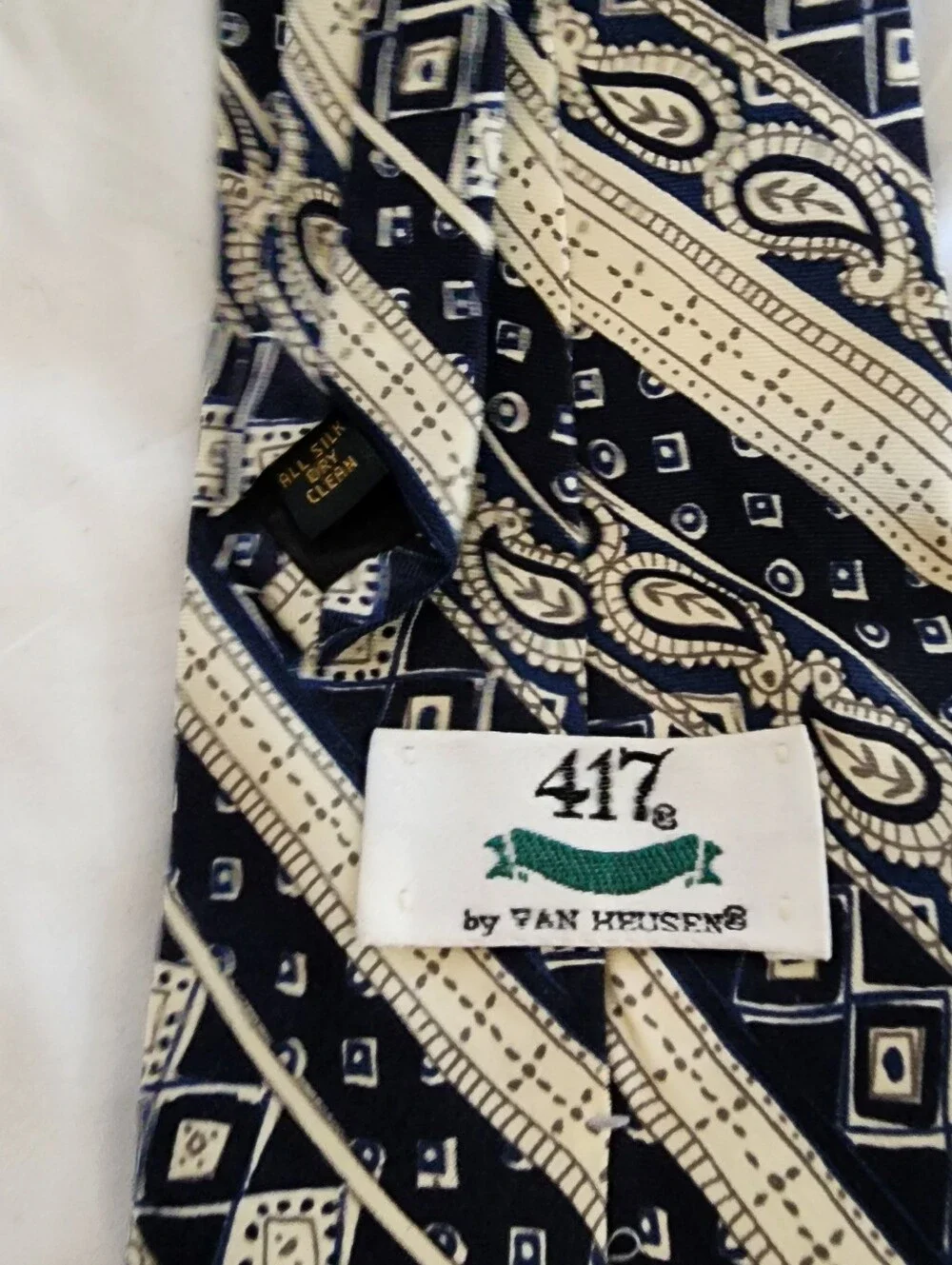 Van Heusen Navy and Cream Paisley-Geometric Silk Tie